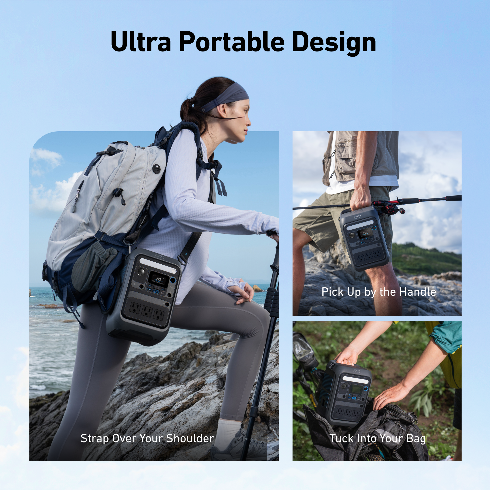 Eine Frau wandert mit der Anker SOLIX C300X – Powerstation 288 Wh / 300 W (600 W SurgePad) LiFePO4 mit LED-Licht, die an ihrem Rucksack befestigt ist. Einblendungen zeigen die tragbare Anker-Powerstation, die am Griff getragen und in eine Tasche verstaut wird, und verdeutlichen so ihr extrem kompaktes Design, das überall zuverlässige Energie liefert.