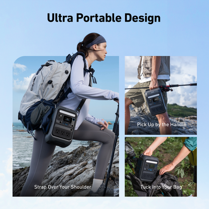 Eine Frau wandert mit der Anker SOLIX C300X – Powerstation 288 Wh / 300 W (600 W SurgePad) LiFePO4 mit LED-Licht, die an ihrem Rucksack befestigt ist. Einblendungen zeigen die tragbare Anker-Powerstation, die am Griff getragen und in eine Tasche verstaut wird, und verdeutlichen so ihr extrem kompaktes Design, das überall zuverlässige Energie liefert.