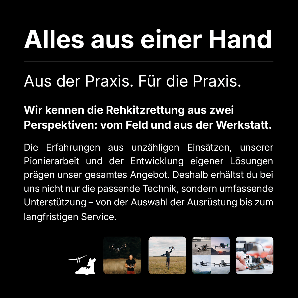 Deutscher Text über die umfassenden Rehkitz-Rettungsdienste, die das CIELOTEC DROHNENSET „Rehkitzrettung – DJI Matrice 4T – BASIC“ bietet, mit weißer Schrift auf schwarzem Hintergrund und vier kleinen Fotos, die Einsätze vor Ort, Workshops und Tierrettungsszenen zeigen.
