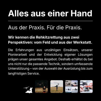 Deutscher Text über die umfassenden Rehkitz-Rettungsdienste, die das CIELOTEC DROHNENSET „Rehkitzrettung – DJI Matrice 4T – BASIC“ bietet, mit weißer Schrift auf schwarzem Hintergrund und vier kleinen Fotos, die Einsätze vor Ort, Workshops und Tierrettungsszenen zeigen.