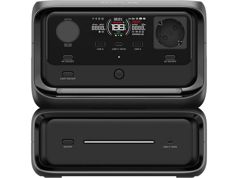 Die EcoFlow RIVER 3 Max Powerstation (572 Wh / 600 W, X-Boost 1200 W) in Schwarz verfügt über einen LiFePO4-Akku, ein digitales Display, mehrere Ein- und Ausgänge, Schalter und Tasten an der Vorderseite sowie ein zusätzliches Akkumodul, das sich darunter befindet.