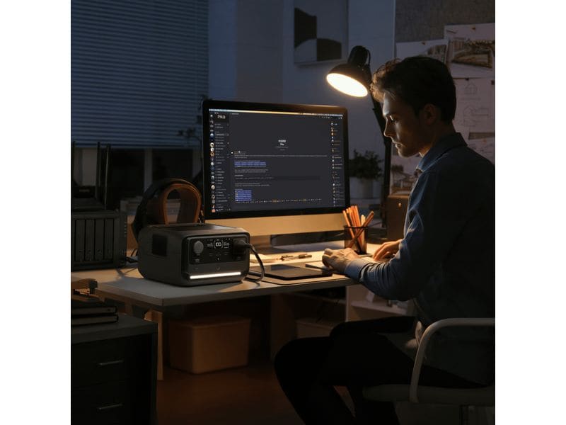 Nachts arbeitet jemand an einem Schreibtisch mit einem Computer, beleuchtet von einer Schreibtischlampe. Auf dem Schreibtisch steht ein EcoFlow RIVER 3 Plus – Powerstation 286 Wh / 600 W (X-Boost 1200 W) LiFePO4 von EcoFlow, dessen zuverlässiger Akku Notstrom liefert, während auf dem Computerbildschirm ein Chat oder eine Programmierplattform zu sehen ist.