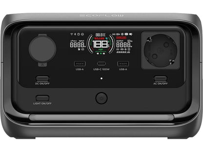 Vorderansicht des EcoFlow RIVER 3 Plus – Powerstation 286 Wh / 600 W (X-Boost 1200 W) von EcoFlow, mit Blick auf das benutzerfreundliche Display, die zahlreichen Anschlüsse einschließlich USB-A, USB-C-, Gleichstrom- und Wechselstromanschlüsse sowie die deutlich beschrifteten Einschaltknöpfe für jeden Bereich hervor. Diese fortschrittliche tragbare Powerstation nutzt LiFePO4-Akkutechnologie, um eine verbesserte Leistung und eine längere Lebensdauer zu gewährleisten.
