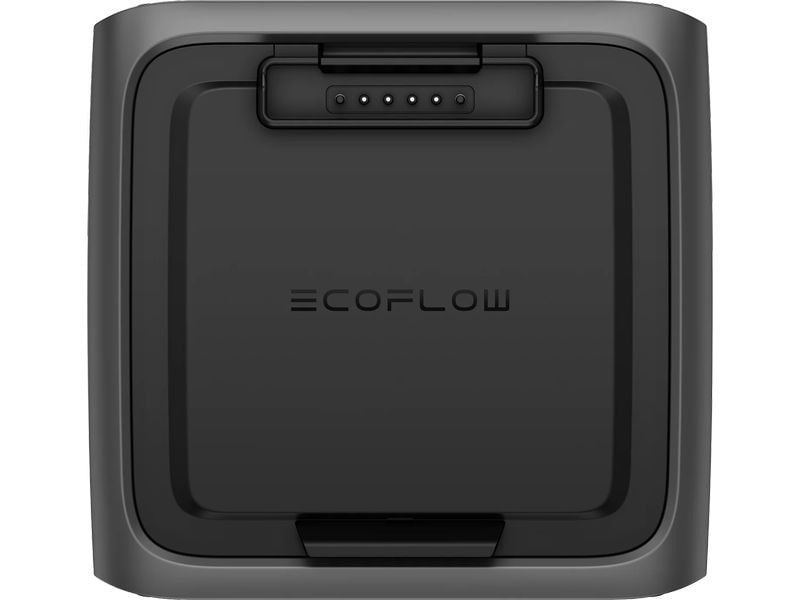 Eine schwarze EcoFlow-Zusatzbatterie RIVER 3 Plus (EB300) – 286 Wh LiFePO4 – zeichnet sich durch eine rechteckige Form mit abgerundeten Kanten, einen gut sichtbaren Griff an der Oberseite, dem mittig platzierten EcoFlow-Logo sowie fünf kleinen LED-Anzeigeleuchten darüber – dank ihrer Kapazität von 286 Wh eignet sie sich ideal als Notstromreserve oder zur Verwendung mit der EcoFlow RIVER 3 Plus Zusatzbatterie.