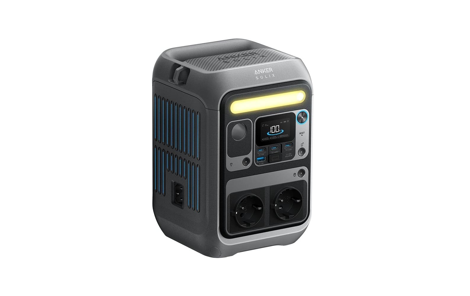 Die Anker SOLIX C300X ist eine tragbare Powerstation (288 Wh / 300 W, 600 W SurgePad) mit LiFePO4-Technologie, die über zwei Steckdosen, mehrere Anschlüsse, ein digitales Display und eine gelbe LED-Leiste an der Vorderseite verfügt. Das Gerät ist in Grau mit blauen Akzenten gehalten und trägt auf der Oberseite die Aufschrift „Anker SOLIX C300X“ – damit eignet es sich ideal für die mobile Stromversorgung, wo immer Sie sie benötigen.
