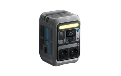 Die Anker SOLIX C300X ist eine tragbare Powerstation (288 Wh / 300 W, 600 W SurgePad) mit LiFePO4-Technologie, die über zwei Steckdosen, mehrere Anschlüsse, ein digitales Display und eine gelbe LED-Leiste an der Vorderseite verfügt. Das Gerät ist in Grau mit blauen Akzenten gehalten und trägt auf der Oberseite die Aufschrift „Anker SOLIX C300X“ – damit eignet es sich ideal für die mobile Stromversorgung, wo immer Sie sie benötigen.