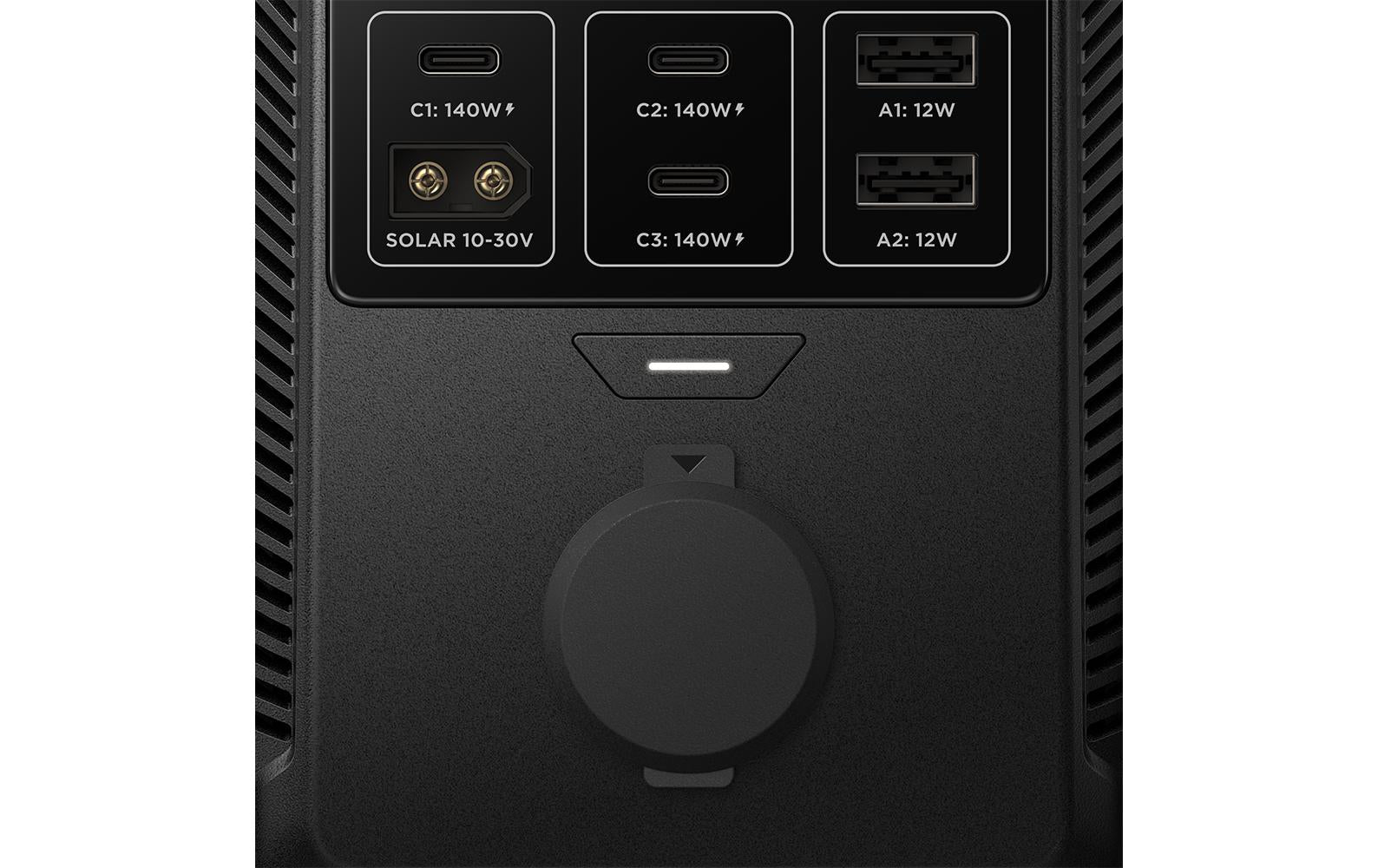 Hier ist eine überarbeitete Version, in die Ihre Produktdaten integriert wurden: Nahaufnahme des EcoFlow TRAIL Plus 300 DC-Panels, einer mobilen Energielösung von EcoFlow, die sich ideal für das „Powerstation-Camping“ eignet. Zu sehen sind der Solareingang, drei USB-C-Anschlüsse mit einer Nennleistung von jeweils 140 W sowie zwei USB-A-Anschlüsse mit einer Nennleistung von jeweils 12 W. Unterhalb der Anschlüsse befindet sich ein runder, abgedeckter Anschluss.