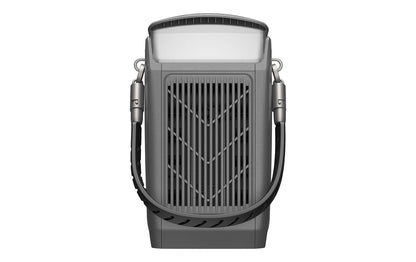Die tragbare Powerstation EcoFlow TRAIL Plus 300 DC – Powerstation 288 Wh / 300 W (USB-C 140 W) mit Campinglampe von EcoFlow verfügt über ein graues Gehäuse mit einer belüfteten Frontblende, einen Tragegriff an der Oberseite und zwei integrierte schwarze Tragegurte. Vor einem weißen Hintergrund abgebildet, ist sie eine ideale mobile Energielösung für Campingausflüge oder Outdoor-Abenteuer.