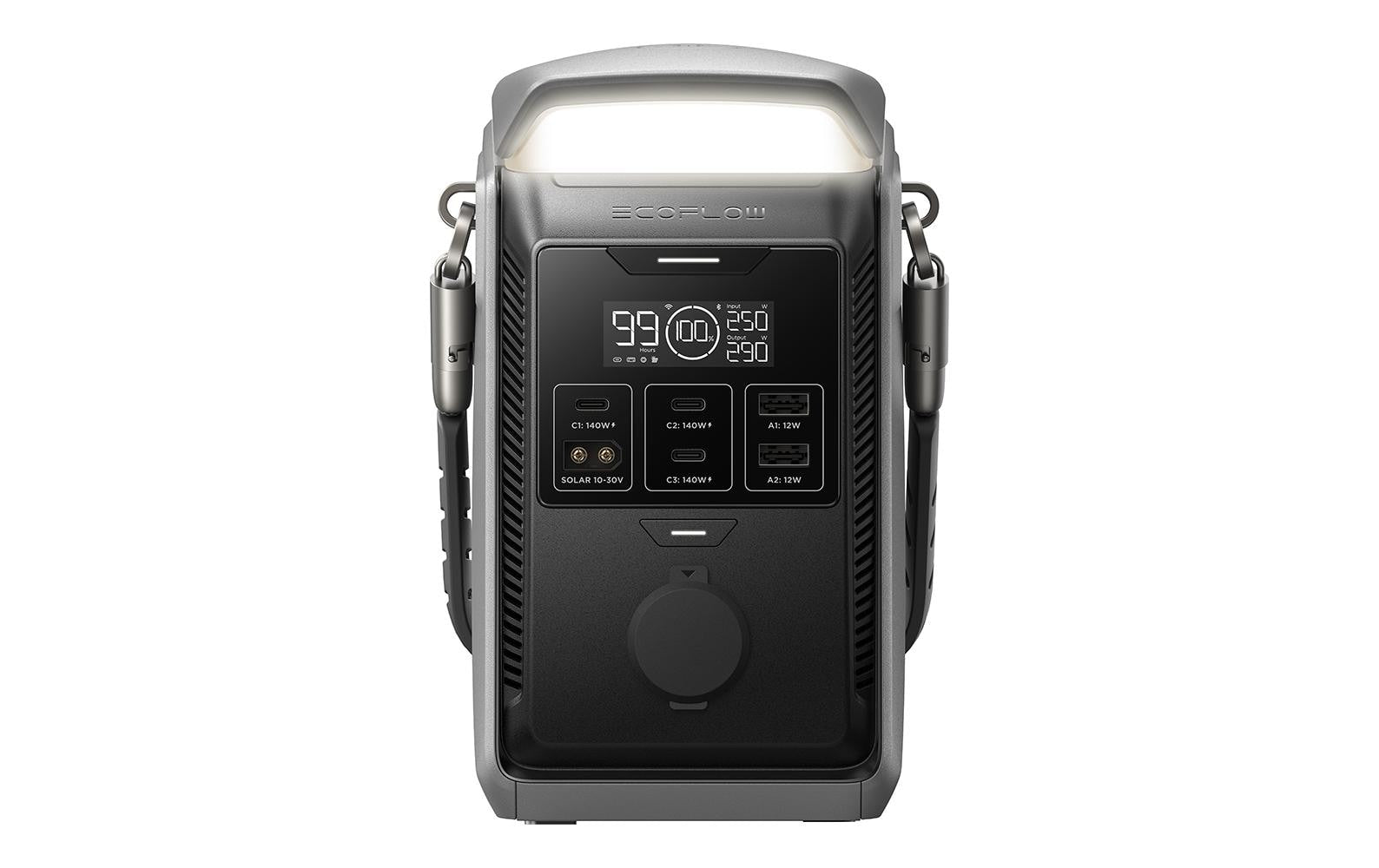Wir stellen vor: die EcoFlow TRAIL Plus 300 DC – Powerstation 288 Wh / 300 W (USB-C 140 W) mit Campinglampe, eine tragbare Energielösung von EcoFlow mit digitalem Display, intuitiven Bedientasten und einer integrierten LED-Campinglampe auf der Oberseite. Mit robusten Tragegriffen an beiden Seiten und zahlreichen Anschlüssen für verschiedene Stromverbindungen eignet sich diese vielseitige Powerstation perfekt für Campingausflüge oder Outdoor-Abenteuer.