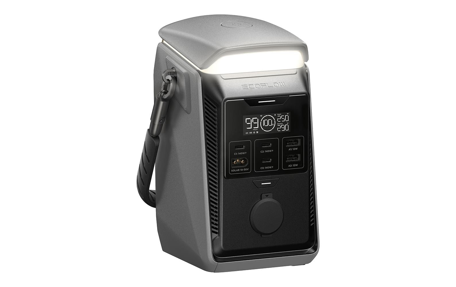 Die EcoFlow TRAIL Plus 300 DC – Powerstation 288 Wh / 300 W (USB-C 140 W) mit Campinglampe von EcoFlow ist eine tragbare Powerstation mit Digitalanzeige, Bedientasten und einem seitlichen Tragegriff – perfekt als mobile Energielösung für Campingausflüge. Der obere Bereich ist mit einer integrierten LED-Campinglampe ausgestattet, und das Gehäuse besticht durch ein schlankes, modernes Design in Grau- und Schwarztönen.