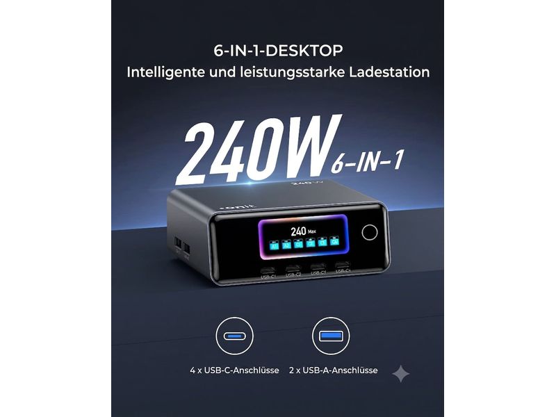 Die onit Ladestation Desktop 240 W GaN – 6 Anschlüsse (4× USB-C, 2× USB-A) in Schwarz von onit ist eine intelligente und leistungsstarke Desktop-Ladestation mit moderner GaN-Technologie und digitaler Anzeige. Die deutsche Produktbeschreibung hebt die vier USB-C- sowie zwei USB-A-Anschlüsse hervor und unterstreicht die maximale Ausgangsleistung von 240 W.