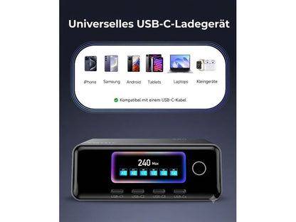 Die onit Ladestation Desktop 240 W GaN bietet mit ihren 6 Anschlüssen (4× USB-C, 2× USB-A), moderner GaN-Technologie und digitaler Anzeige maximale Leistung. Die Symbole für iPhone, Samsung, Android, Tablets, Laptops und kleine Geräte oben unterstreichen die breite Kompatibilität dieses onit-Produkts.