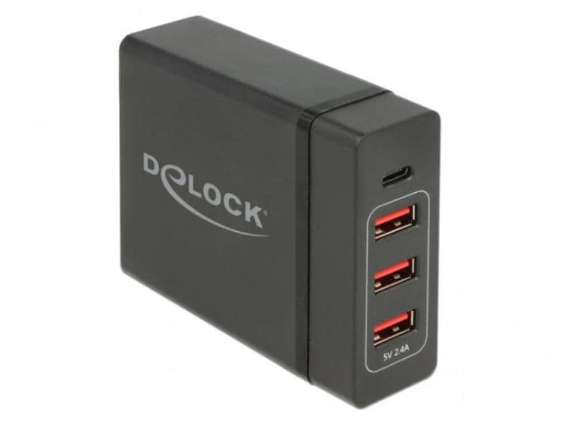 Ein robustes, schwarzes Delock Ladestation 63974 USB-Ladegerät dient als multifunktionale Ladestation und ist an der Vorderseite mit drei roten USB-A-Anschlüssen und einem USB-C-Anschluss (5 V, 2,4 A) ausgestattet. Der USB-C-Anschluss unterstützt Power Delivery mit bis zu 60 W für schnelleres Laden. An der Seite ist das Delock-Logo aufgedruckt.