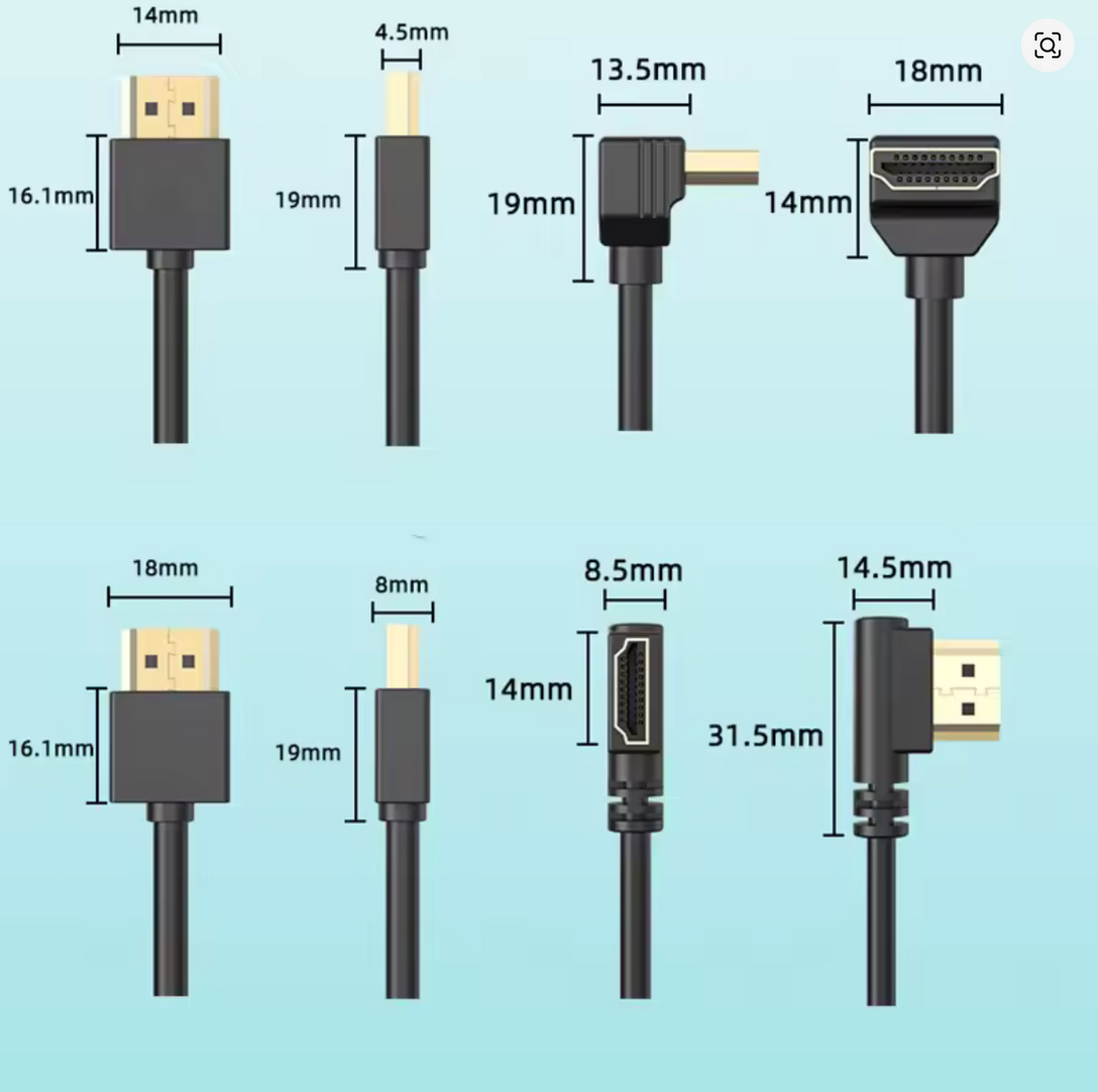 Acht verschiedene Arten von HDMI-Kabeln und -Steckern, darunter das CIELOTEC HDMI-Kabel abgewinkelt (90°) – High Speed 4K, erhältlich in den Längen 20 cm und 50 cm für Fernbedienung, Videoübertragung und Monitorbetrieb, werden mit detaillierten Angaben zu Breite, Höhe und Länge in Millimetern auf hellblauem Hintergrund dargestellt. Diese Kabel unterstützen Auflösungen bis zu 4K bei 60 Hz.