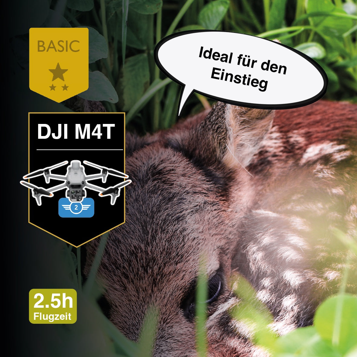 Ein Rehkitze liegt versteckt im Gras. Text (in der Sprechblase): CIELOTEC DROHNENSET Rehkitzrettung – DJI Matrice 4T – BASIC, 2,5 Stunden Flugzeit, ideal für den Einstieg Über dem Foto ist außerdem ein Drohnen-Symbol zu sehen.