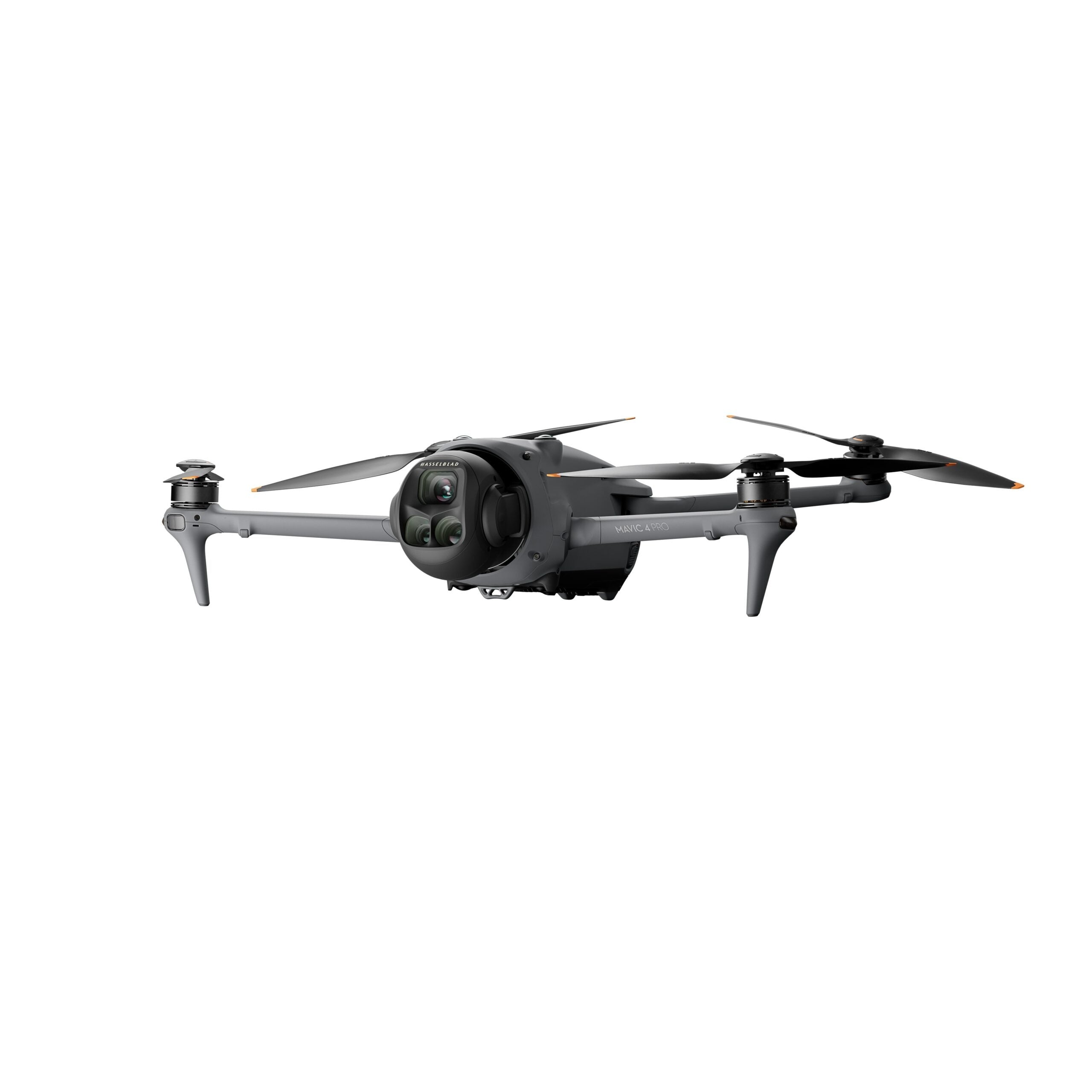 Die graue DJI Consumer Mavic 4 Pro 512GB Creator Combo ist eine Quadcopter-Drohne mit einem 100MP Hasselblad Dreifachkamera-System, die atemberaubende 6K HDR-Videos und -Fotos aufnimmt und bis zu 51 Minuten lang fliegt, isoliert auf einem weißen Hintergrund.