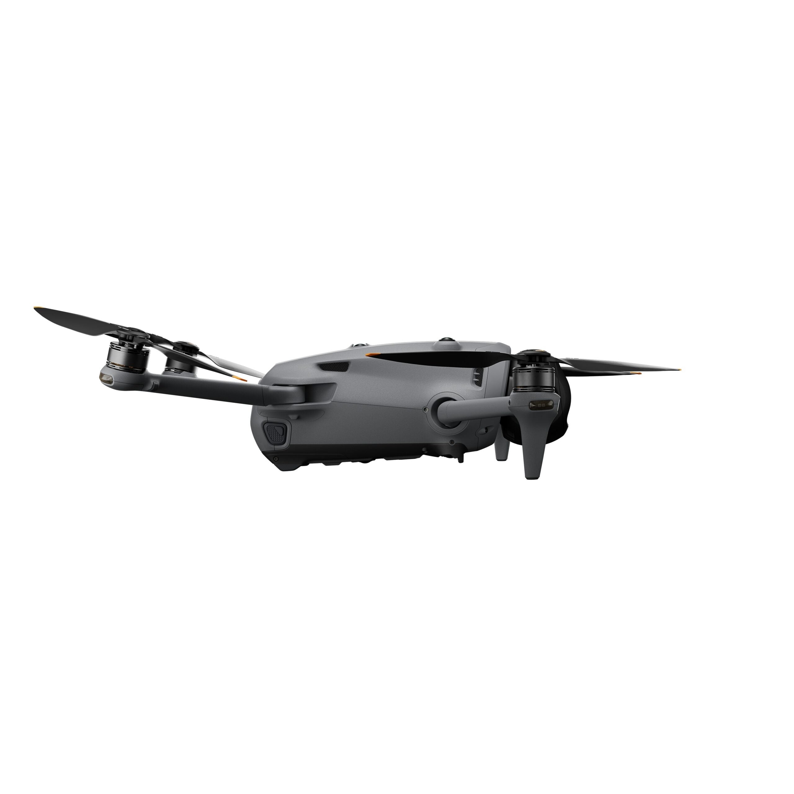 Eine graue DJI Mavic 4 Pro 512GB Creator Combo von DJI Consumer, ausgestattet mit einem 100MP Hasselblad Dreifachkamera-System und 6K HDR Video, wird im Flug mit vier Propellern und einer Frontkamera vor einem weißen Hintergrund gezeigt.