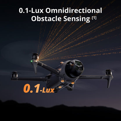 Eine DJI Mavic 4 Pro 512GB Creator Combo Drohne von DJI Consumer fliegt bei Nacht und sendet orangefarbene Strahlen aus. Der Text zeigt "0.1-Lux Omnidirectional Obstacle Sensing", "Dreifachkamera-System" und erweiterte 100MP Hasselblad 6K HDR-Videos mit LED-Beleuchtung.