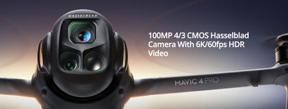 Nahaufnahme der DJI Mavic 4 Pro 512GB Creator Combo von DJI Consumer mit einem 100MP Hasselblad Dreifachkamera-System, 6K HDR Video und Text auf der rechten Seite, der den 4/3 CMOS Sensor und bis zu 51 Minuten Flugzeit hervorhebt.