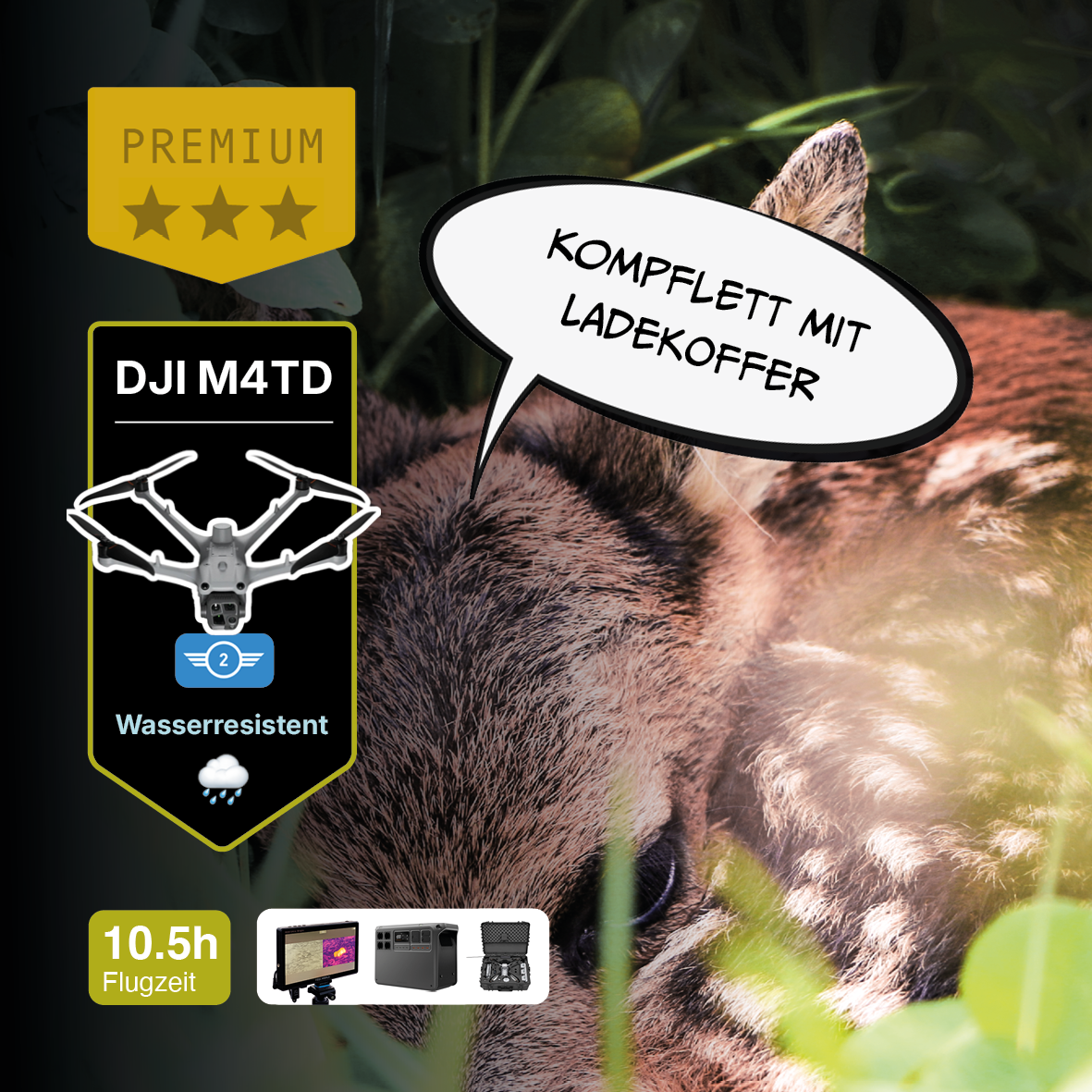 Ein CIELOTEC-Drohnenset zur Rehkitzerrettung – DJI Matrice 4TD – PREMIUM-Anzeige mit einem Reh im Gras, einer Sprechblase mit dem Text „KOMPLETT MIT LADEKOFFER“ sowie Produktsymbolen, die die Wasserfestigkeit, die Flugzeit von 10,5 Stunden und das mitgelieferte Zubehör hervorheben.