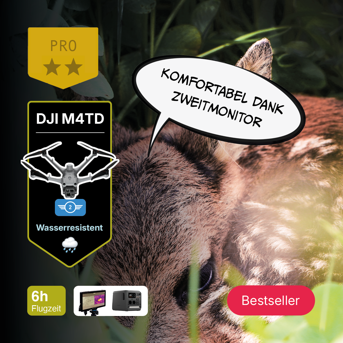 Eine Nahaufnahme eines im Gras versteckten Rehkitzes mit eingeblendeten Produktinformationen zum CIELOTEC DROHNENSET Rehkitzrettung – DJI Matrice 4TD – PRO, wobei dessen Wasserfestigkeit, die Flugzeit von 6 Stunden, ein Bestseller-Siegel sowie eine Sprechblase mit dem Text „KOMFORTABEL DANK ZWEITMONITOR“ hervorgehoben werden.