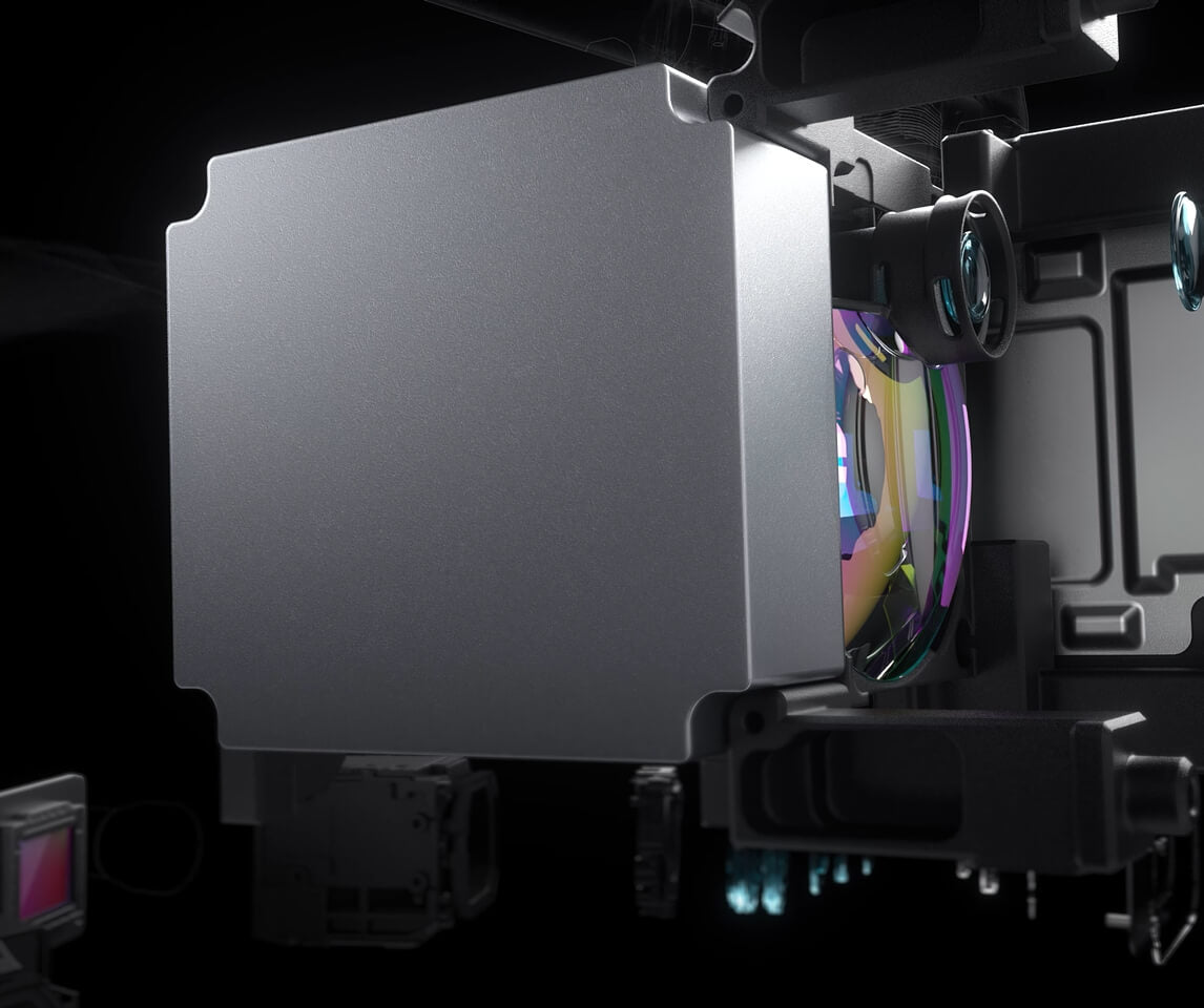 Nahaufnahme einer modernen Objektivbaugruppe, die dem DJI Enterprise Zenmuse L3 nachempfunden ist: Hochpräzises Luft-LiDAR-System mit Dual-100MP-RGB-Kameras, mit Metall- und Glasteilen ideal für professionelle Vermessung und Kartierung.