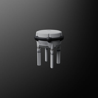 Ein kompaktes, graues, vierbeiniges, rundes elektronisches Gerät mit einem schwarzen Streifen, der seinen Mittelteil umgibt – und an die hochmoderne DJI Delivery FlyCart 100 Schwerlast-Transportdrohne mit Fallschirm (bis zu 100 kg Nutzlast, 12 km Reichweite) – befindet sich in der Mitte eines dunklen Hintergrunds mit Farbverlauf.