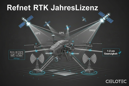 Der RTK Drohnen Positionierungsdienst Refnet Abo - 12 Monate GNSS Präzision ermöglicht Ihrer Drohne eine 1-2 cm genaue Positionierung. Refnet Positionierungsdienst im Fokus, unten rechts das Cielotec-Logo.